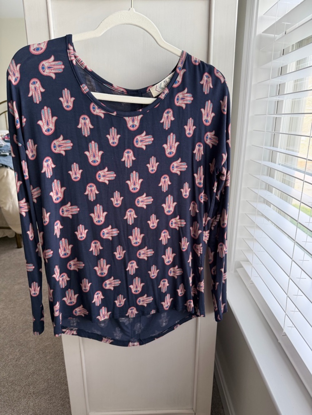 Pink Rose Navy Long Sleeve Top with Pink Hamsa Print